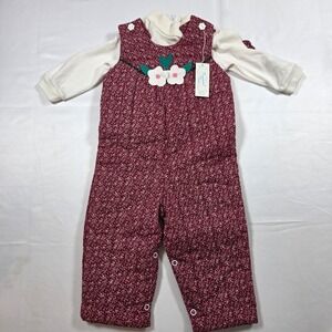 Vintage Baby Togs Baby Girl Burgundy Quilted Floral Jumper Set 12 Mo Cottagecore